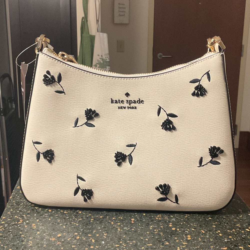 Kate Spade Cream Shoulder Bag with Black Floral Appliqué